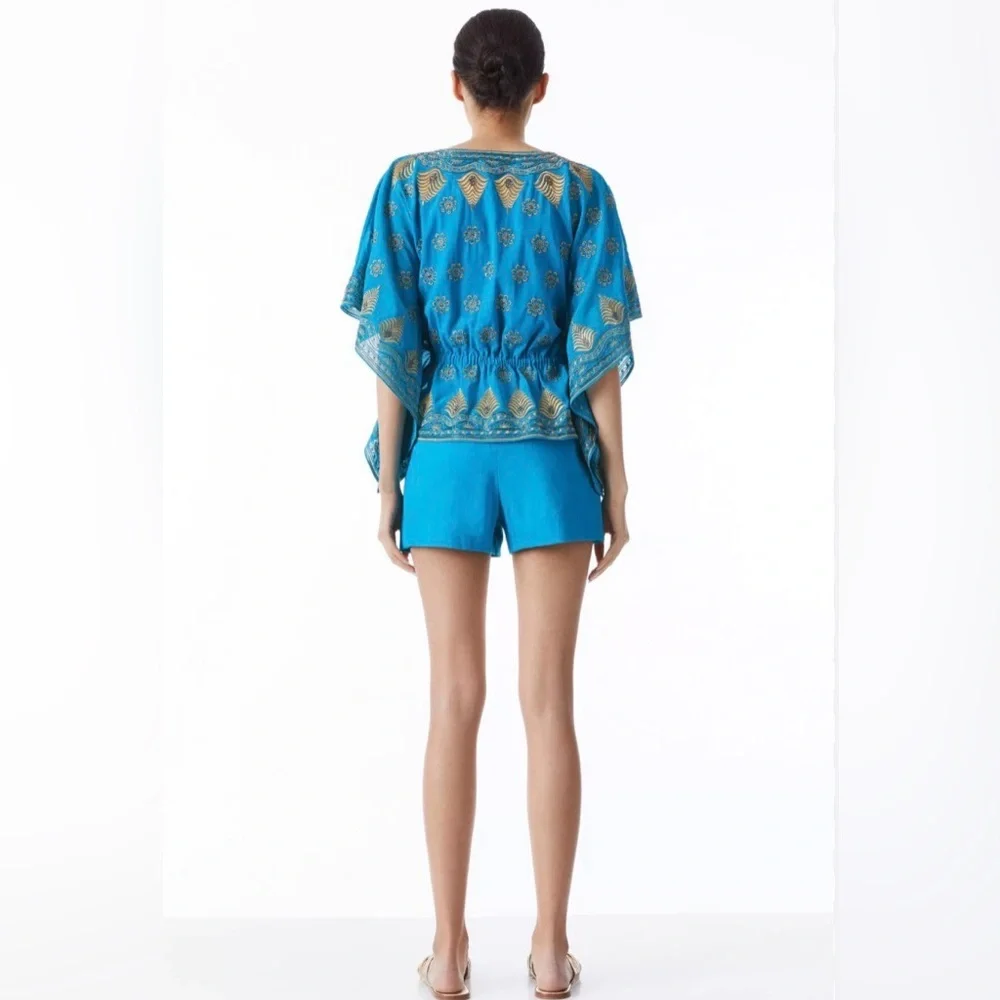 Alice + Olivia Sharita Blue Green Teal Gold Embroidered Drawstring Top Blouse - Picture 3 of 15